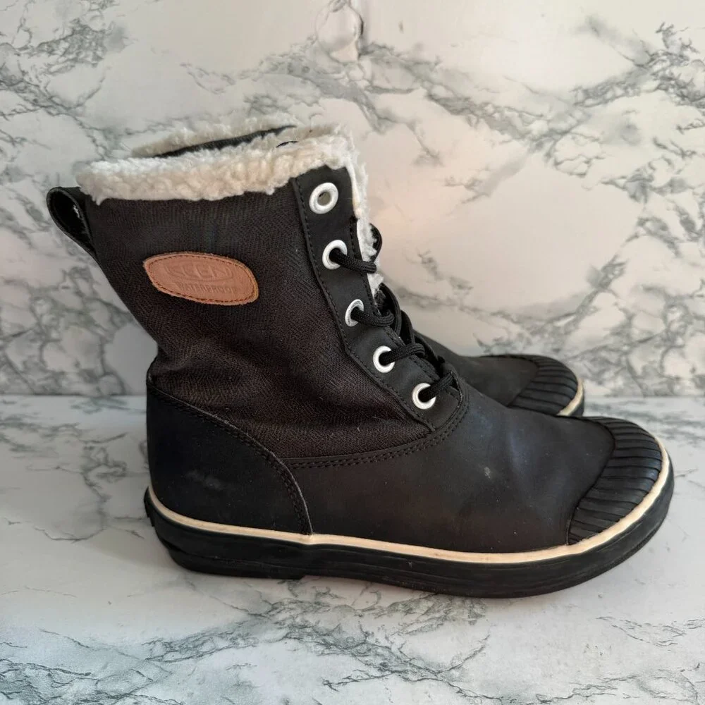 Keen Women 7 Elsa Winter Boot Sherpa Lined Mid Calf Snow Black Warm Fleece Lace - Picture 1 of 8